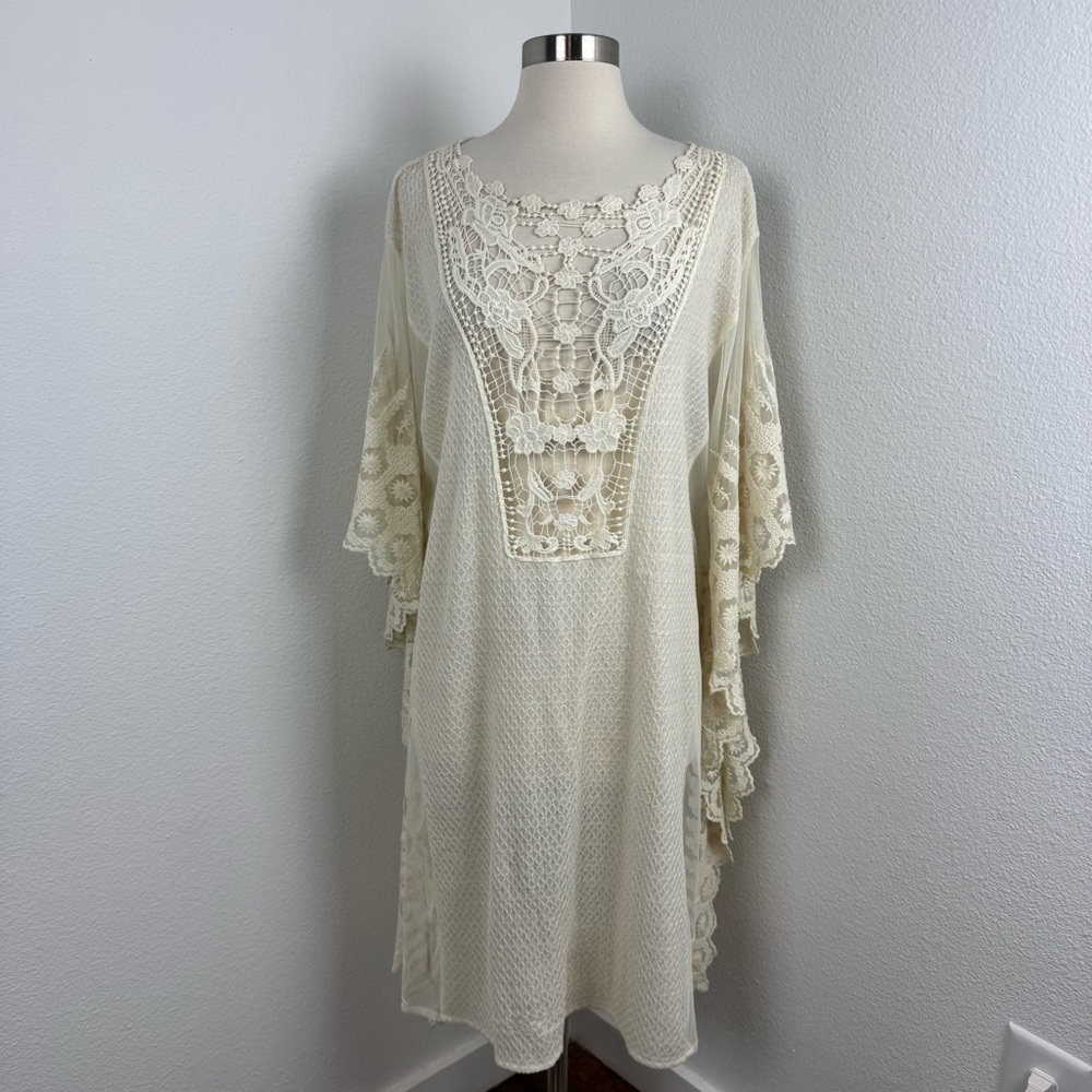 NWT Amita Naithani Resort Wear Cream Lace Kaftan Dress Coverup, Sz L